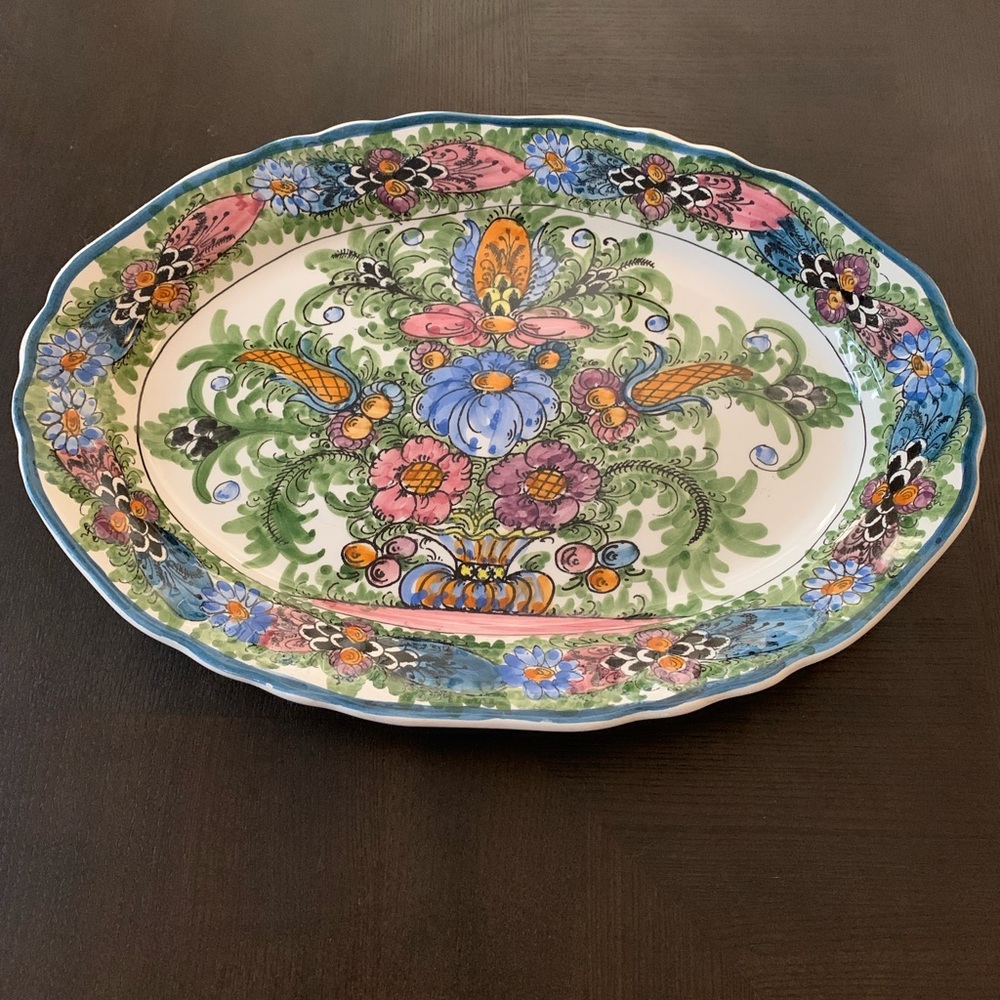 Hand painted unique art pottery platter from the Island of Skyros in Greece.